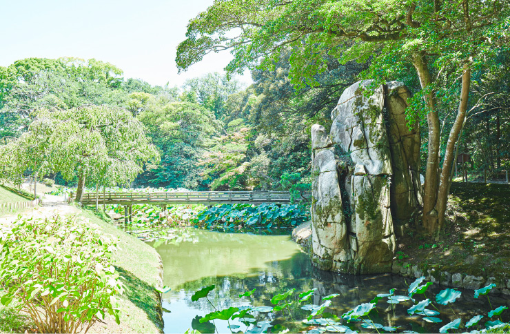 02 大立石と呼ばれる巨石。運べるサイズに割り、園内で元通りの形に組み合わせた。