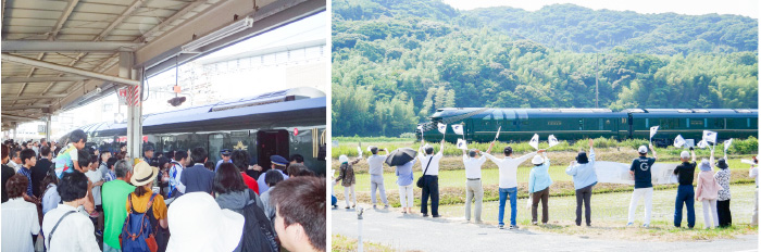 一番列車を迎えるみなさん。